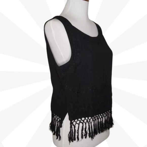 Fabulous Black Embroidered Fringe Scoop Neck Cropped Pullover Tank Top Size M - Picture 5 of 7